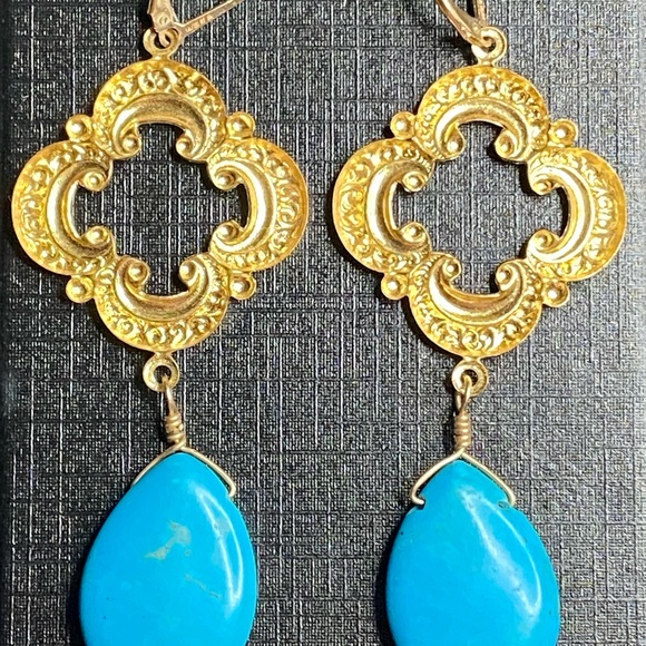 Gold Plated Turquoise Earrings Teardrop 3 inch 14/2 GF Boho Filigree - Picture 4 of 5